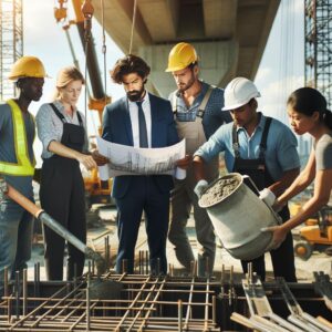 Construction workers building bridge.