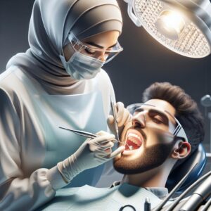 Dentist performing oral surgery.