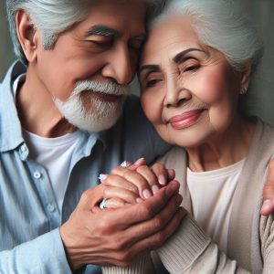 Elderly couple holding hands.