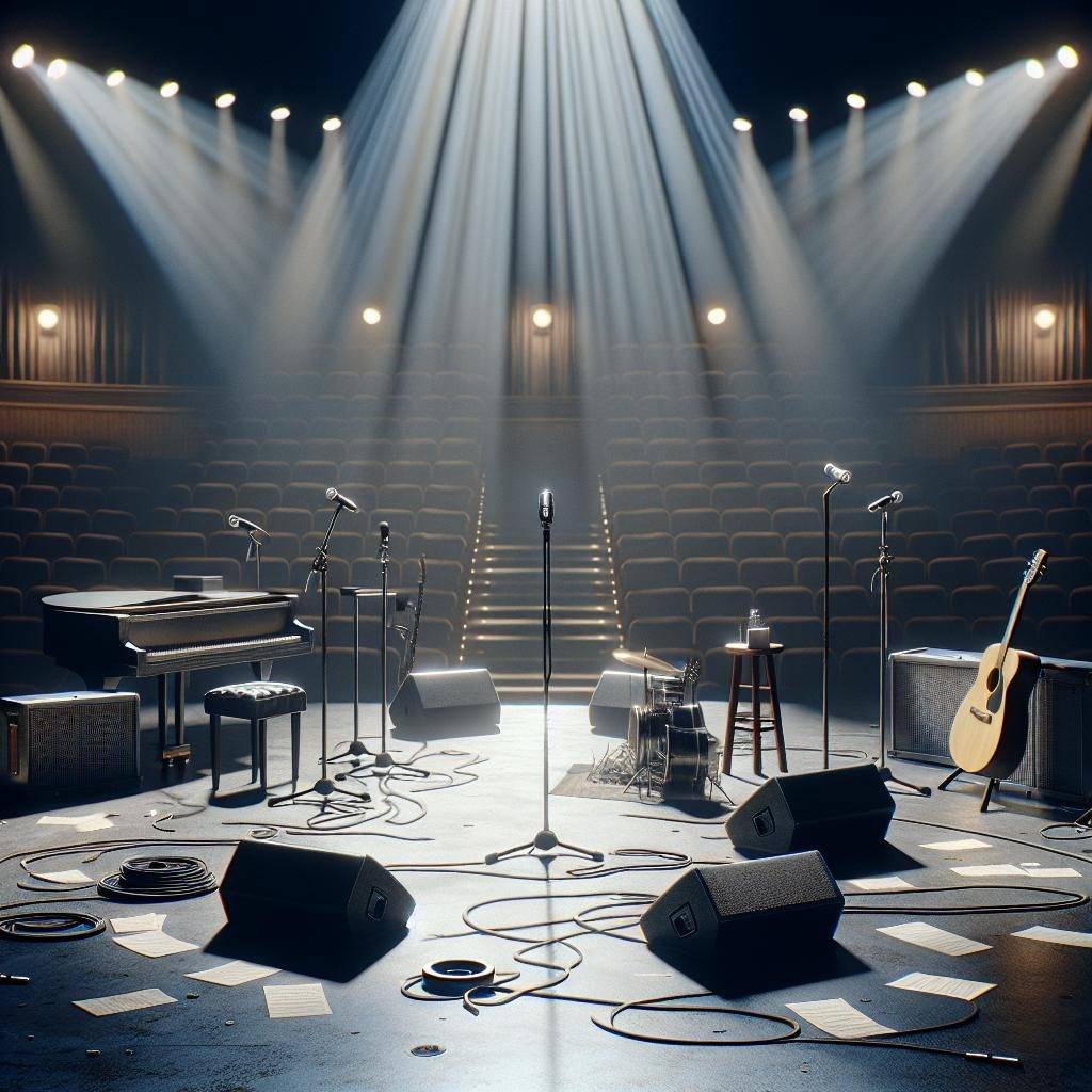 Grieving musician's empty stage.