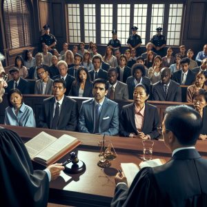 Courtroom sentencing scene illustration.