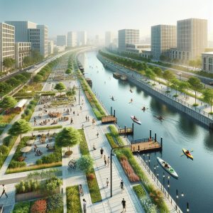 Urban riverfront revitalization concept.