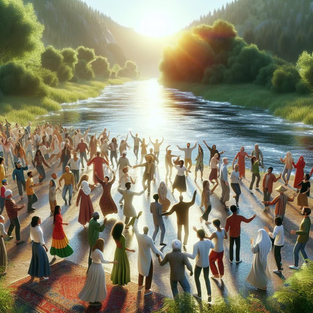 Crowds dancing by river.