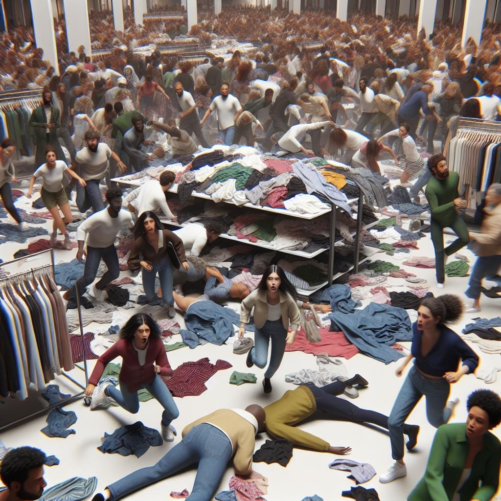 Clothing sale chaos scene.