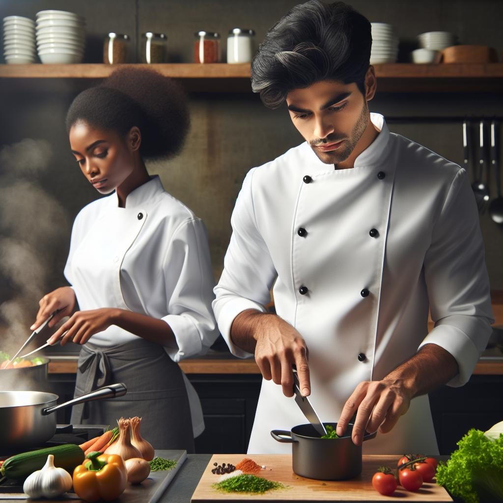 Chef preparing diverse dishes.