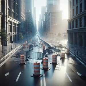 City street barricades installation.