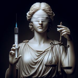 "Justitia holding syringe"