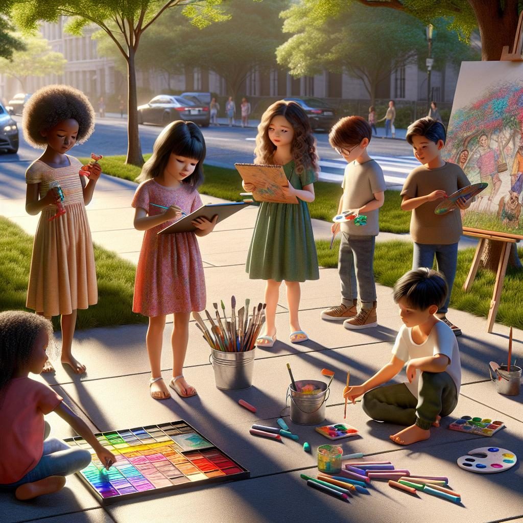 Children exploring art outdoors.