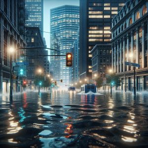 Flooding downtown street scene