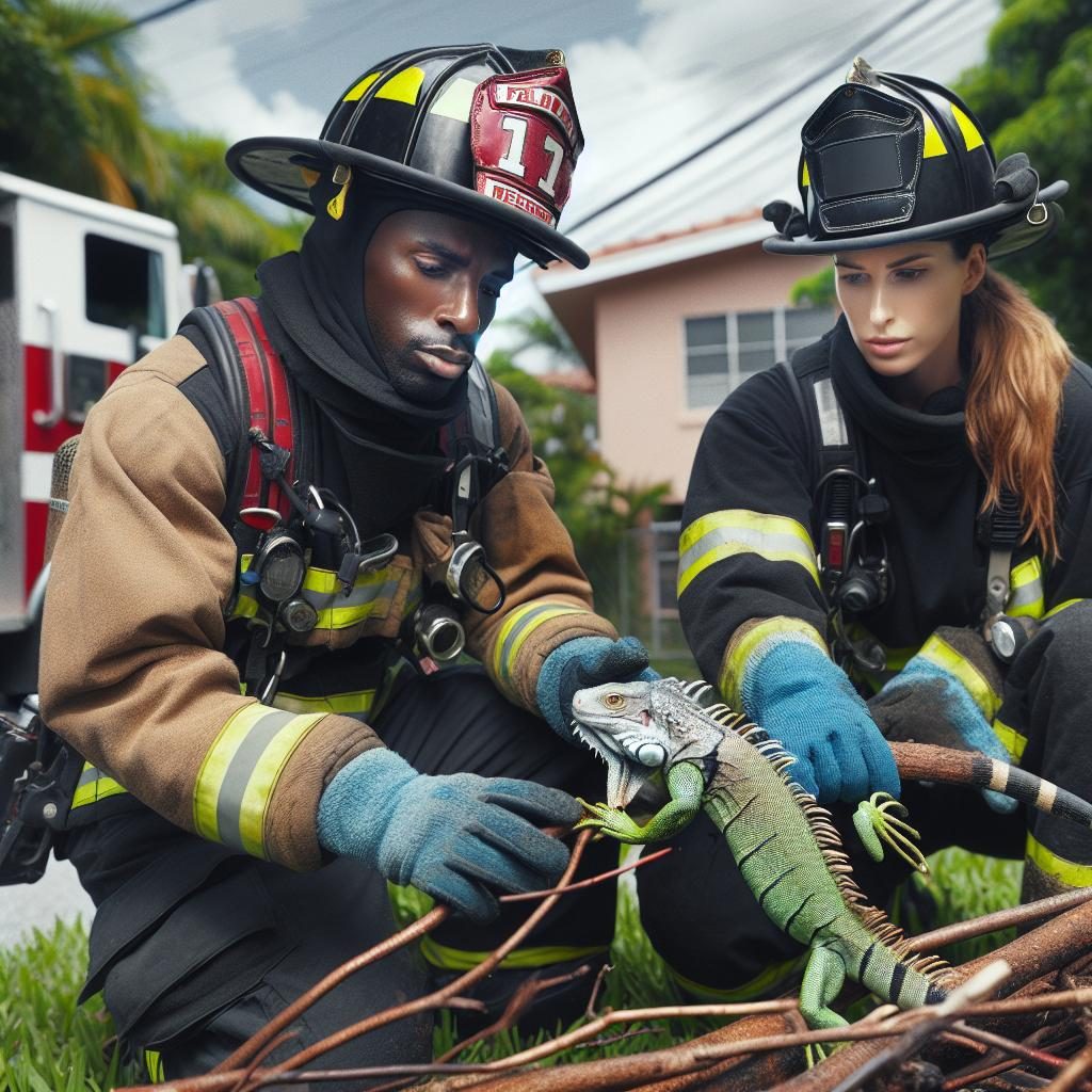 Firefighters rescuing iguana