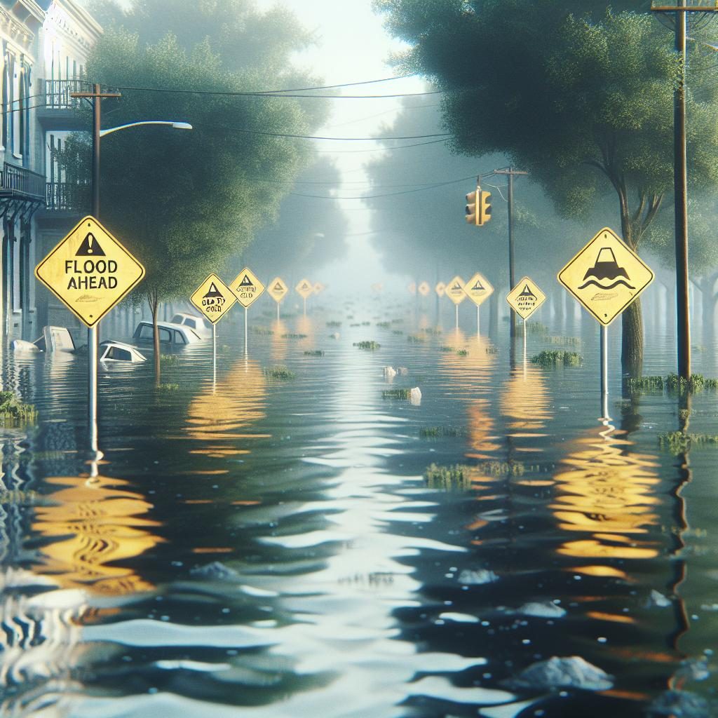 Flooded streets caution signs