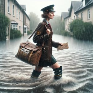 Postman wading through flood