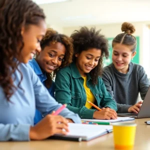 Innovative classroom environment with diverse students collaborating.