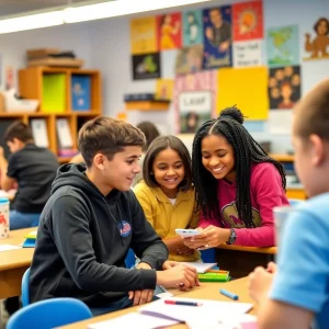 Students collaborating in a vibrant, engaging classroom setting.