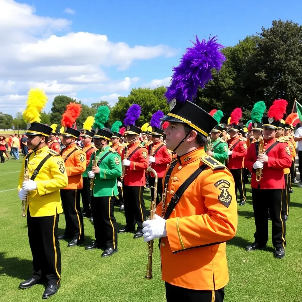 Colorful band uniforms displayed in a vibrant outdoor setting.