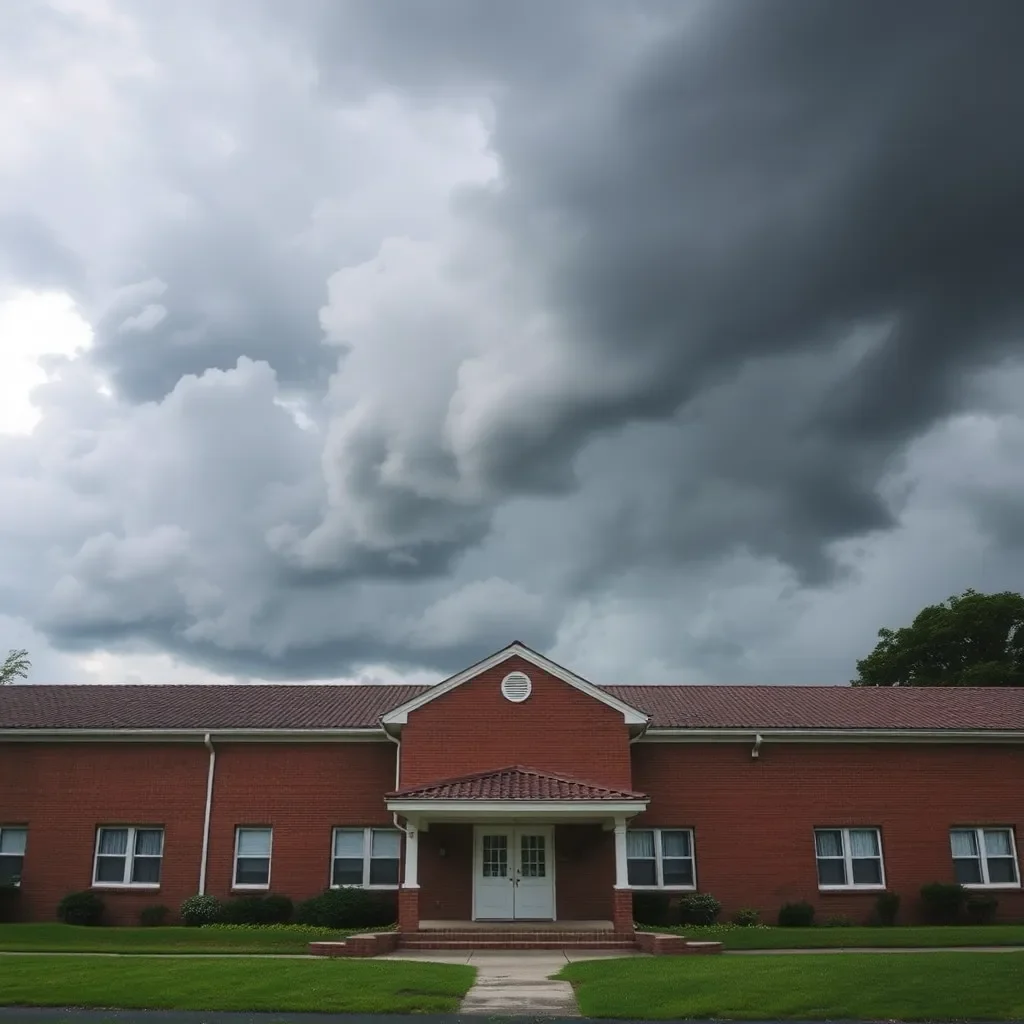 School building with storm clouds overhead, resilience symbolized.