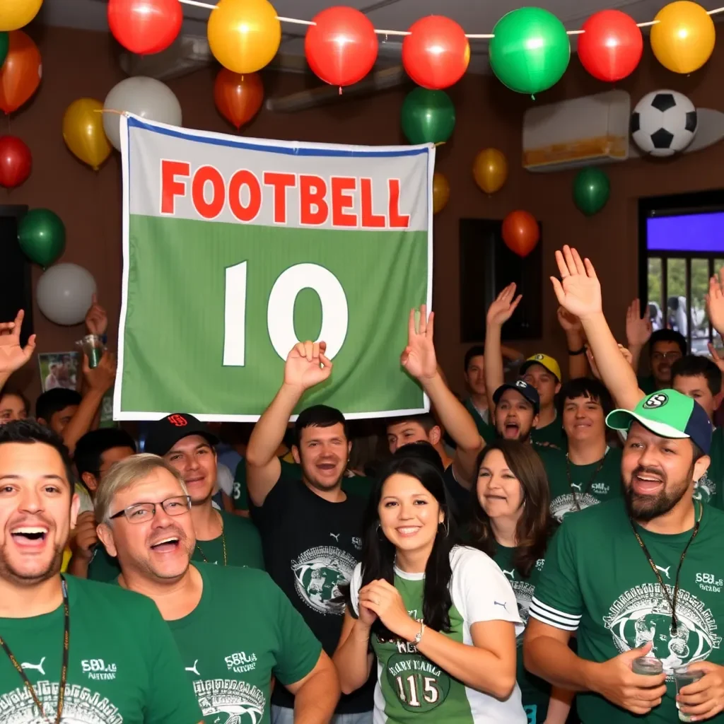 Community celebration with football-themed decorations and excited fans.