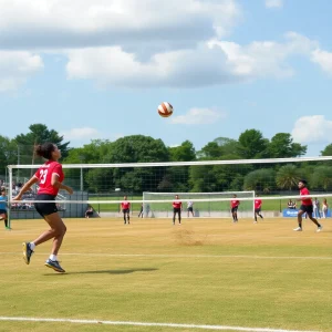 Dynamic volleyball action vs. a soccer field in disarray.