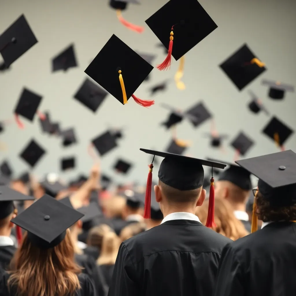 Graduation ceremony with caps flying in the air.