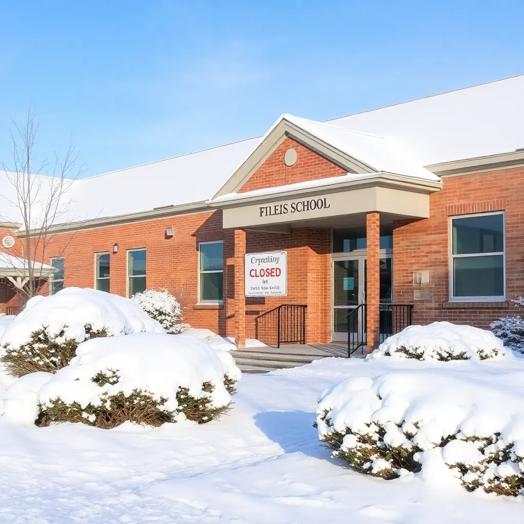 Snow-covered school building with closed sign in winter.