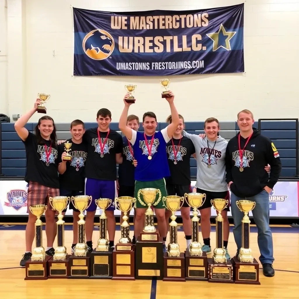 Celebration of athletic achievement with wrestling trophies and banners.