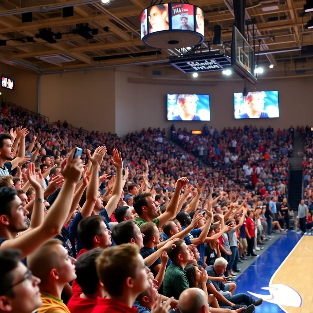 Excited crowd cheering in a vibrant basketball arena.