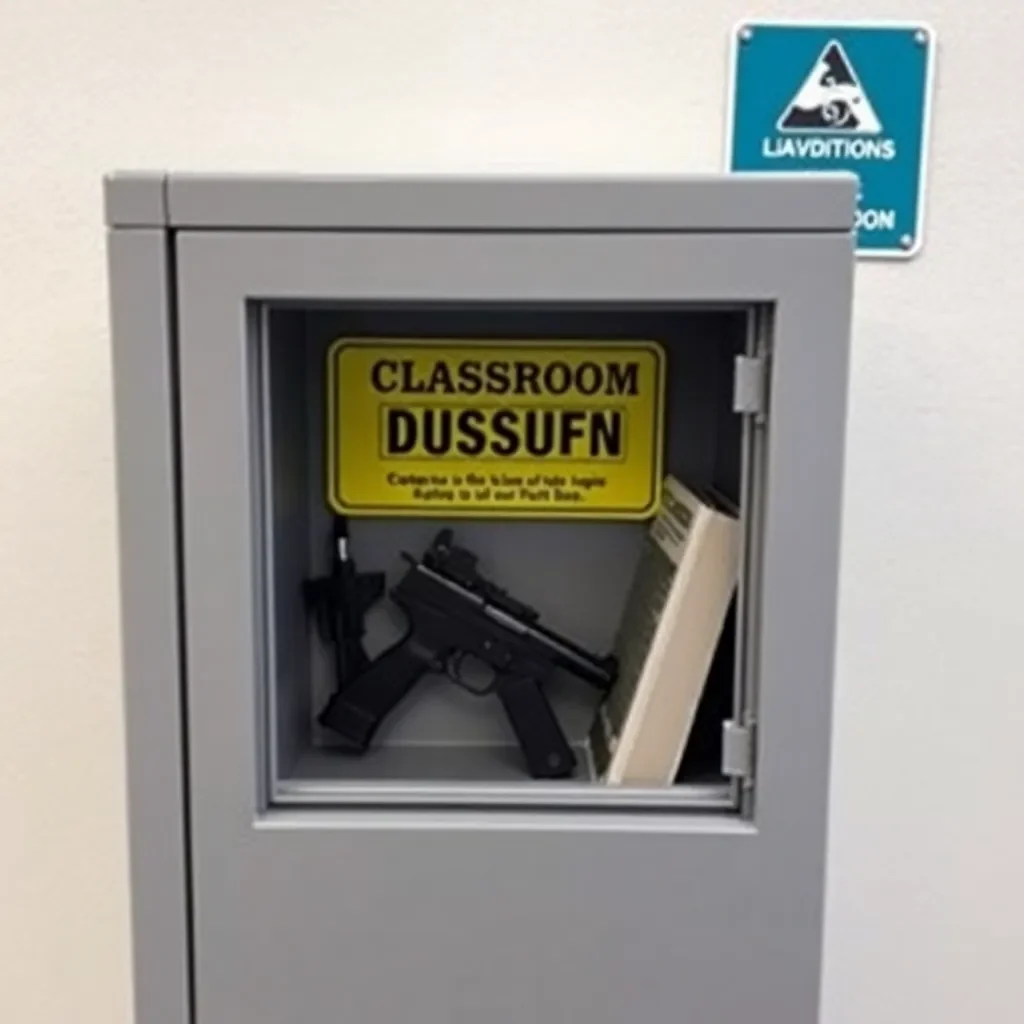 Classroom lockbox and safety signage for firearm storage.