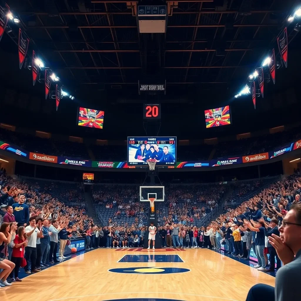 Basketball court with cheering fans and winning scoreboard.