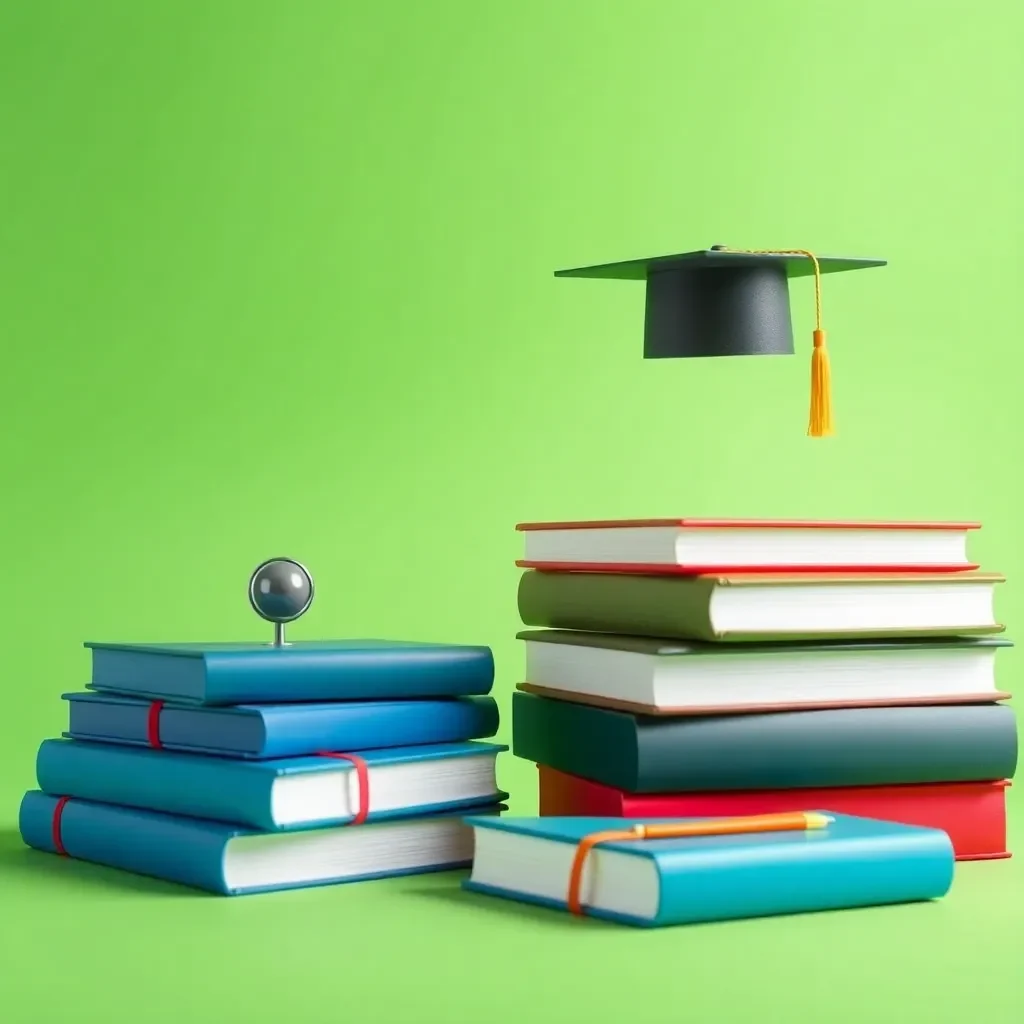 Books and graduation caps symbolizing academic achievement and growth.