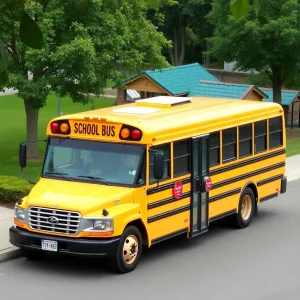 School bus parked safely in front of children’s playground.