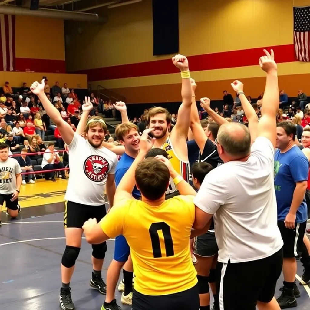 Victory celebration in a vibrant wrestling gym setting.