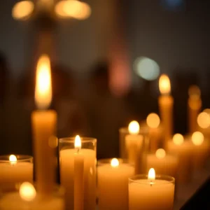 Candlelight vigil with soft focus on lit candles.