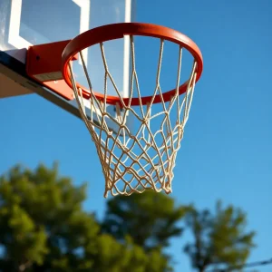 Basketball hoop with net swaying after a successful shot.