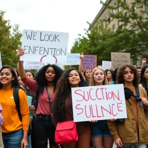 Group of diverse students protesting education policy changes.