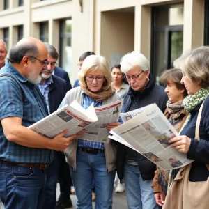 Community members engaged in discussion with open newspapers.