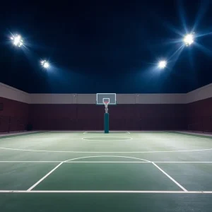 Basketball court under bright lights with inspirational quotes.