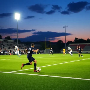 Dynamic football action under stadium lights at dusk.