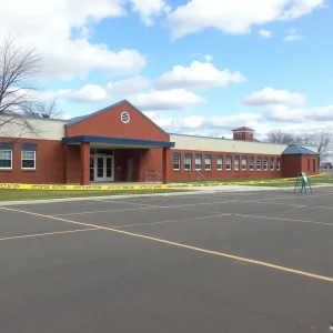 School building with caution tape and empty playground.