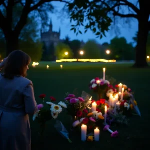 Candlelight vigil with flowers in a peaceful park setting.