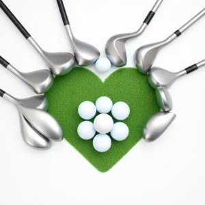 Golf clubs and balls arranged in a heart shape.