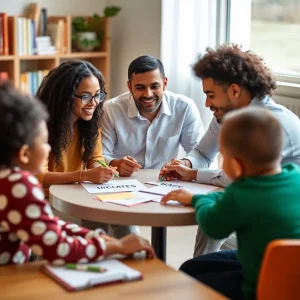 Diverse families discussing education options around a table.