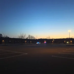 Empty school parking lot at dusk, police lights flashing.