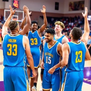 Basketball court celebration with teammates cheering victory.