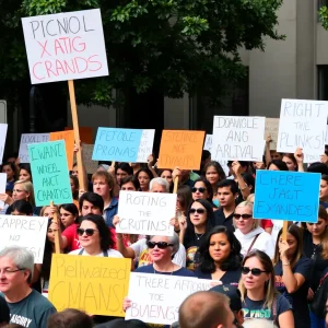 A diverse group of people holding signs in solidarity.