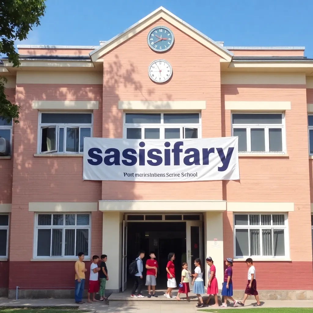 School building with a 'satisfactory' banner and students outside.