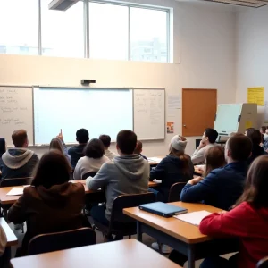 A classroom filled with engaged students and a whiteboard.