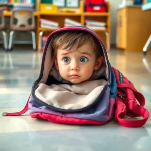 Empty school backpack on classroom floor with worried expressions.