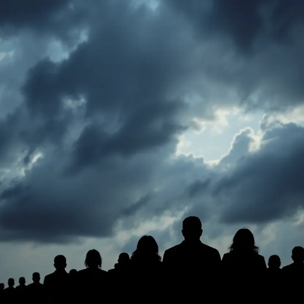 Silhouettes of people united in grief under dark clouds in Chattanooga