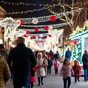 Families enjoying holiday activities in Chattanooga with festive lights around.