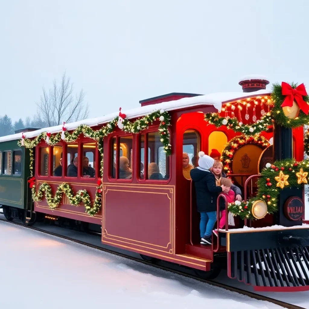 Families enjoying a ride on the Chattanooga Holiday Christmas Light Train adorned with festive decorations.